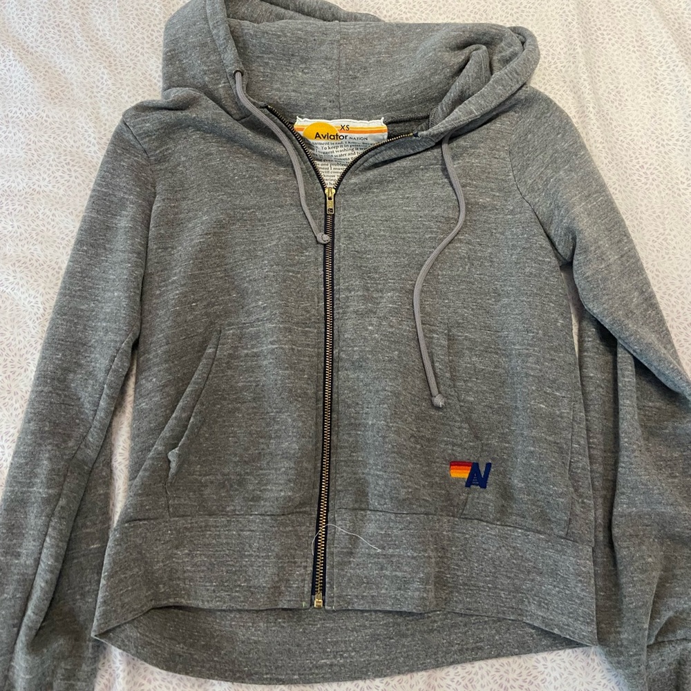 Aviator Nation Grey Zip up with lighting bolt in back worn 3 times